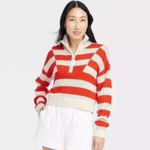 A New Day Orange & Cream Boho Crochet Striped Cropped Sweater